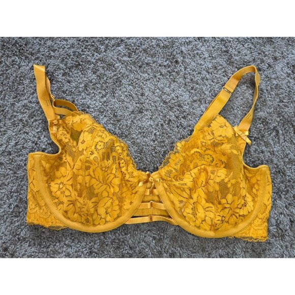 CACIQUE Unlined Balconette Bra Lace Mustard Yellow 38DD Sexy Feminine - Picture 1 of 7